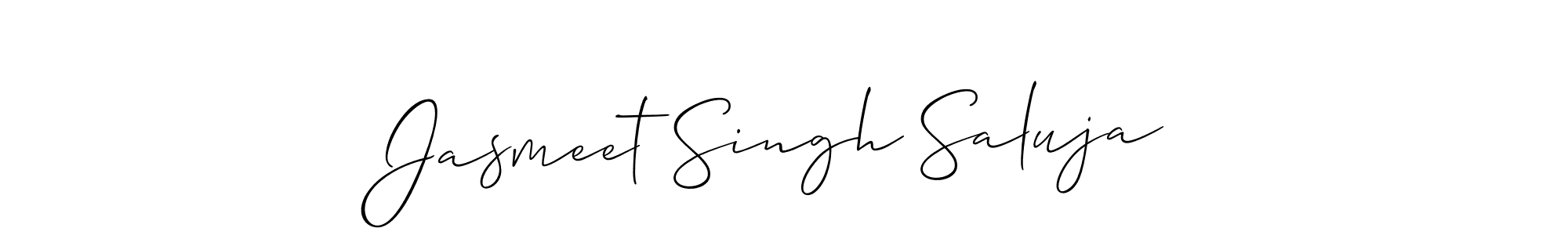 The best way (Allison_Script) to make a short signature is to pick only two or three words in your name. The name Jasmeet Singh Saluja include a total of six letters. For converting this name. Jasmeet Singh Saluja signature style 2 images and pictures png