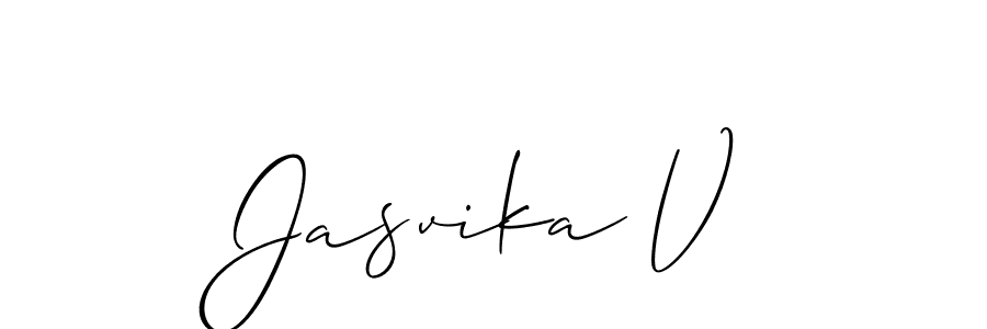 How to make Jasvika V name signature. Use Allison_Script style for creating short signs online. This is the latest handwritten sign. Jasvika V signature style 2 images and pictures png