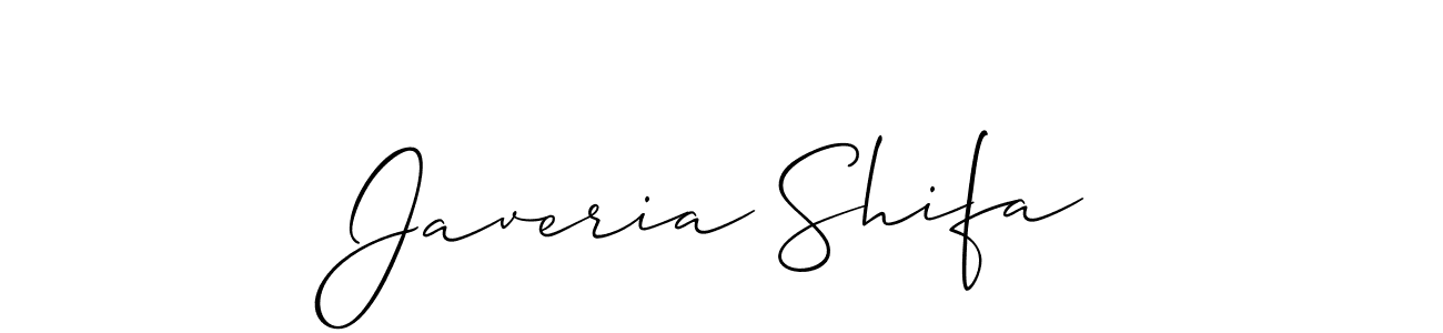 The best way (Allison_Script) to make a short signature is to pick only two or three words in your name. The name Javeria Shifa include a total of six letters. For converting this name. Javeria Shifa signature style 2 images and pictures png