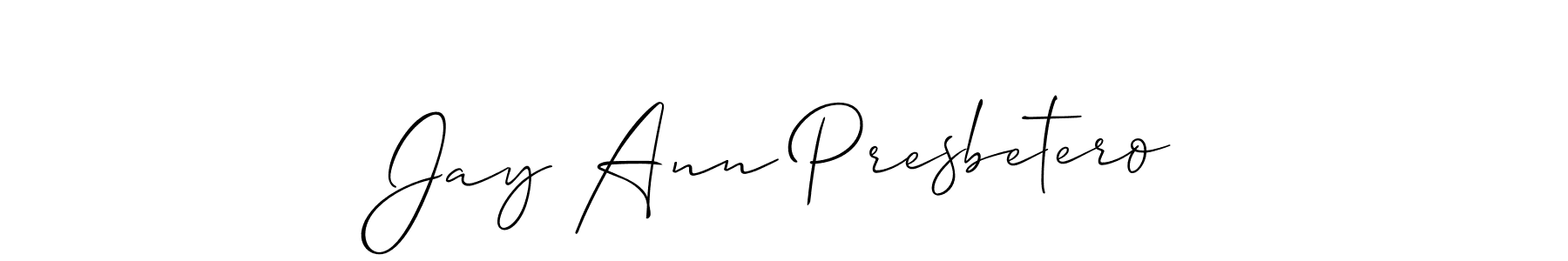 The best way (Allison_Script) to make a short signature is to pick only two or three words in your name. The name Jay Ann Presbetero include a total of six letters. For converting this name. Jay Ann Presbetero signature style 2 images and pictures png