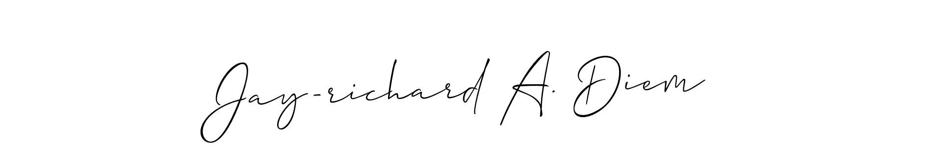 The best way (Allison_Script) to make a short signature is to pick only two or three words in your name. The name Jay-richard A. Diem include a total of six letters. For converting this name. Jay-richard A. Diem signature style 2 images and pictures png