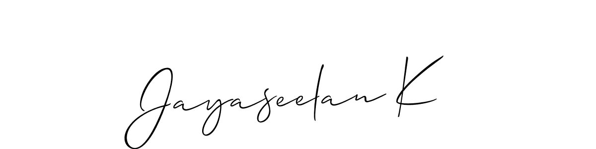 It looks lik you need a new signature style for name Jayaseelan K. Design unique handwritten (Allison_Script) signature with our free signature maker in just a few clicks. Jayaseelan K signature style 2 images and pictures png