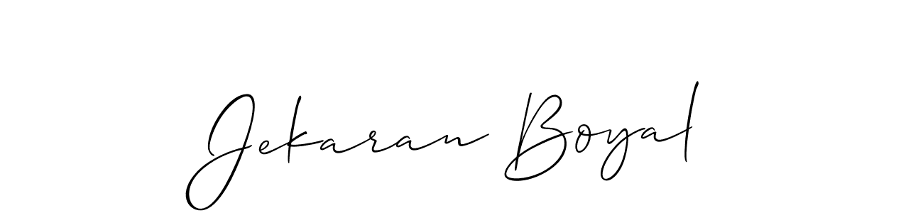 The best way (Allison_Script) to make a short signature is to pick only two or three words in your name. The name Jekaran Boyal include a total of six letters. For converting this name. Jekaran Boyal signature style 2 images and pictures png