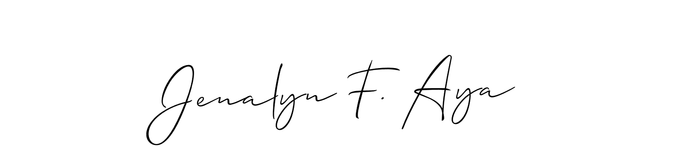 The best way (Allison_Script) to make a short signature is to pick only two or three words in your name. The name Jenalyn F. Aya include a total of six letters. For converting this name. Jenalyn F. Aya signature style 2 images and pictures png