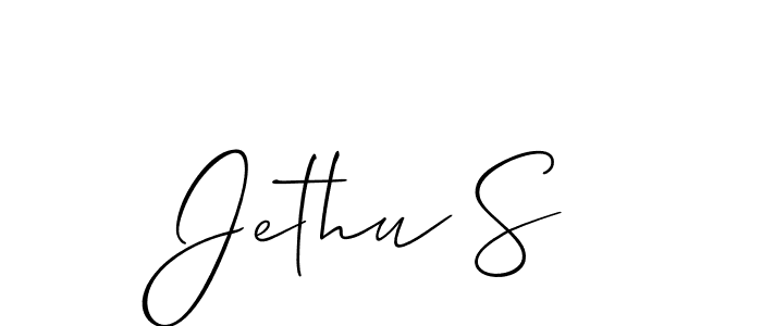 The best way (Allison_Script) to make a short signature is to pick only two or three words in your name. The name Jethu S include a total of six letters. For converting this name. Jethu S signature style 2 images and pictures png