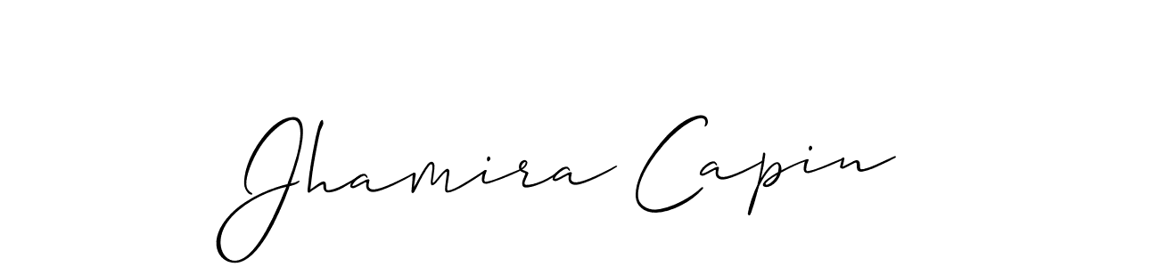 The best way (Allison_Script) to make a short signature is to pick only two or three words in your name. The name Jhamira Capin include a total of six letters. For converting this name. Jhamira Capin signature style 2 images and pictures png