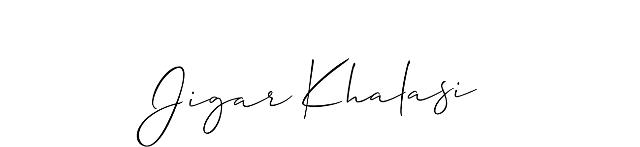 How to make Jigar Khalasi name signature. Use Allison_Script style for creating short signs online. This is the latest handwritten sign. Jigar Khalasi signature style 2 images and pictures png