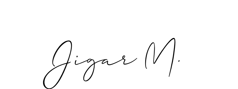 The best way (Allison_Script) to make a short signature is to pick only two or three words in your name. The name Jigar M. include a total of six letters. For converting this name. Jigar M. signature style 2 images and pictures png