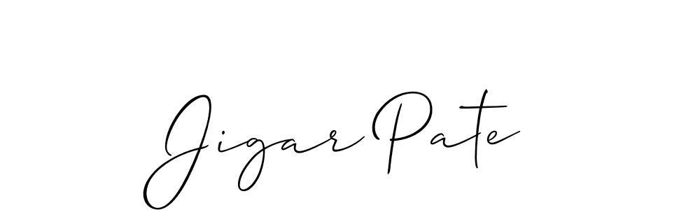 Create a beautiful signature design for name Jigar Pate. With this signature (Allison_Script) fonts, you can make a handwritten signature for free. Jigar Pate signature style 2 images and pictures png