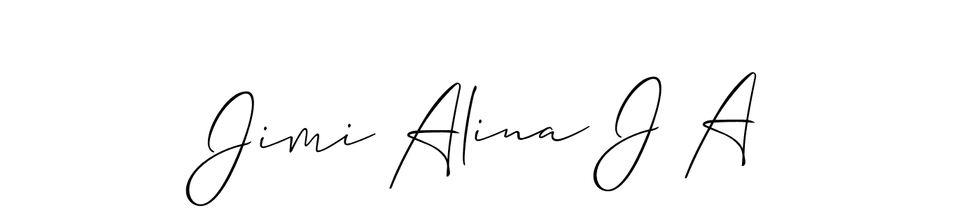 The best way (Allison_Script) to make a short signature is to pick only two or three words in your name. The name Jimi Alina J A include a total of six letters. For converting this name. Jimi Alina J A signature style 2 images and pictures png