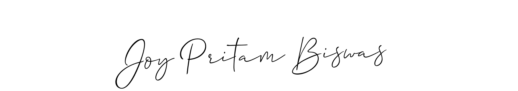 The best way (Allison_Script) to make a short signature is to pick only two or three words in your name. The name Joy Pritam Biswas include a total of six letters. For converting this name. Joy Pritam Biswas signature style 2 images and pictures png