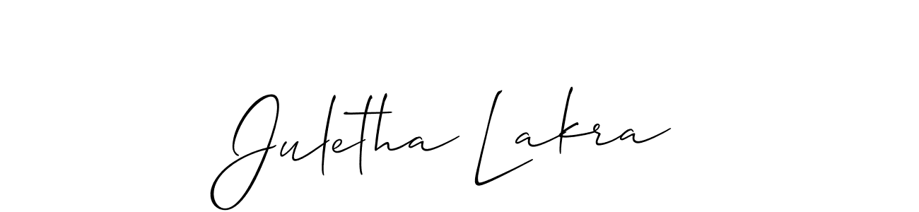 The best way (Allison_Script) to make a short signature is to pick only two or three words in your name. The name Juletha Lakra include a total of six letters. For converting this name. Juletha Lakra signature style 2 images and pictures png