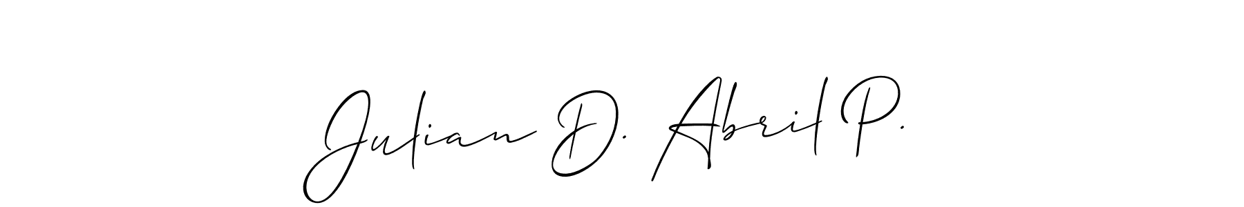 The best way (Allison_Script) to make a short signature is to pick only two or three words in your name. The name Julian D. Abril P. include a total of six letters. For converting this name. Julian D. Abril P. signature style 2 images and pictures png