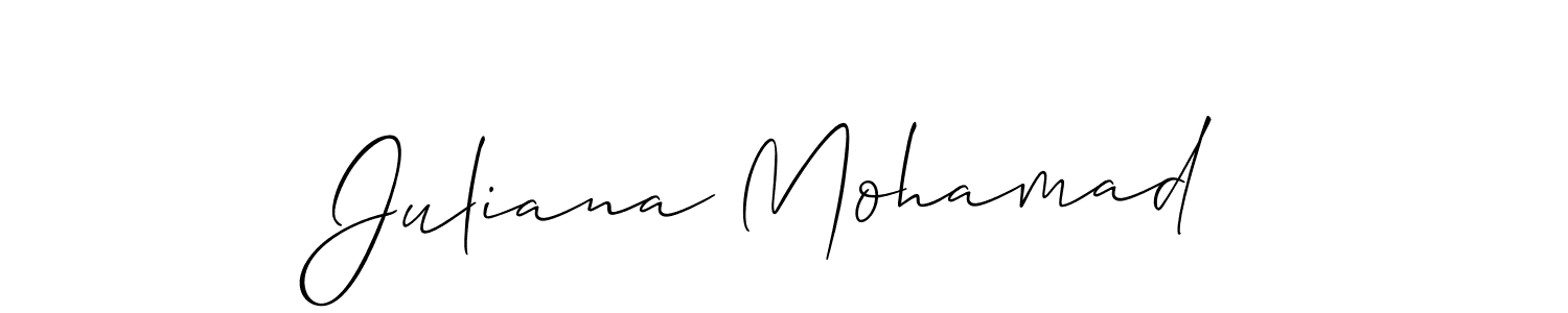 Make a short Juliana Mohamad signature style. Manage your documents anywhere anytime using Allison_Script. Create and add eSignatures, submit forms, share and send files easily. Juliana Mohamad signature style 2 images and pictures png