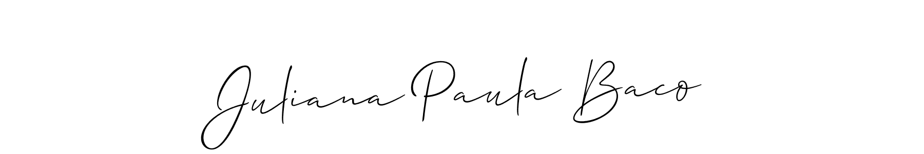 You should practise on your own different ways (Allison_Script) to write your name (Juliana Paula Baco) in signature. don't let someone else do it for you. Juliana Paula Baco signature style 2 images and pictures png