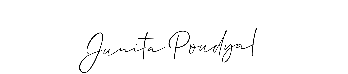 The best way (Allison_Script) to make a short signature is to pick only two or three words in your name. The name Junita Poudyal include a total of six letters. For converting this name. Junita Poudyal signature style 2 images and pictures png