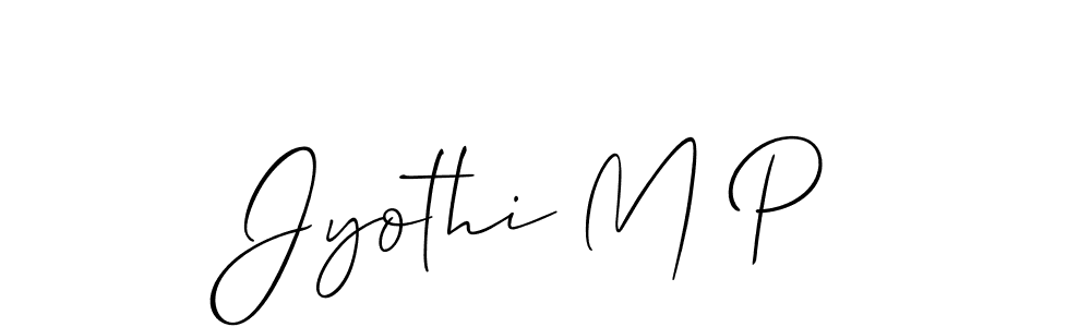 The best way (Allison_Script) to make a short signature is to pick only two or three words in your name. The name Jyothi M P include a total of six letters. For converting this name. Jyothi M P signature style 2 images and pictures png