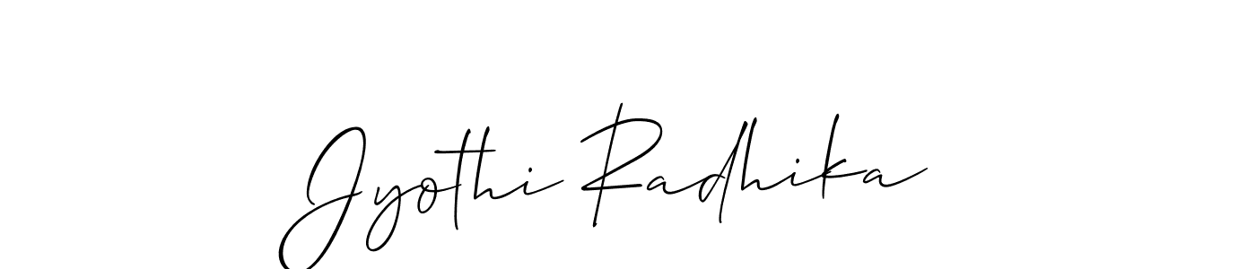 Allison_Script is a professional signature style that is perfect for those who want to add a touch of class to their signature. It is also a great choice for those who want to make their signature more unique. Get Jyothi Radhika name to fancy signature for free. Jyothi Radhika signature style 2 images and pictures png