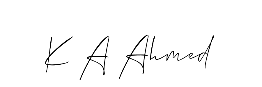 The best way (Allison_Script) to make a short signature is to pick only two or three words in your name. The name K A Ahmed include a total of six letters. For converting this name. K A Ahmed signature style 2 images and pictures png