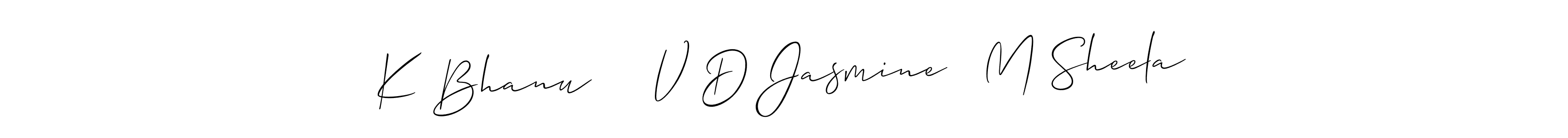 The best way (Allison_Script) to make a short signature is to pick only two or three words in your name. The name K Bhanu     V D Jasmine   M Sheela include a total of six letters. For converting this name. K Bhanu     V D Jasmine   M Sheela signature style 2 images and pictures png