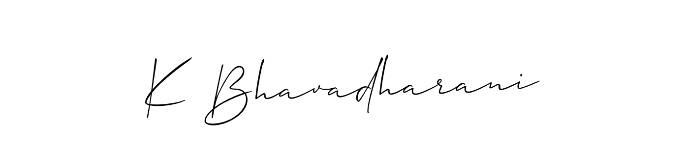 The best way (Allison_Script) to make a short signature is to pick only two or three words in your name. The name K Bhavadharani include a total of six letters. For converting this name. K Bhavadharani signature style 2 images and pictures png