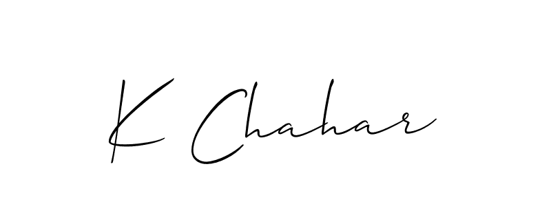 Allison_Script is a professional signature style that is perfect for those who want to add a touch of class to their signature. It is also a great choice for those who want to make their signature more unique. Get K Chahar name to fancy signature for free. K Chahar signature style 2 images and pictures png