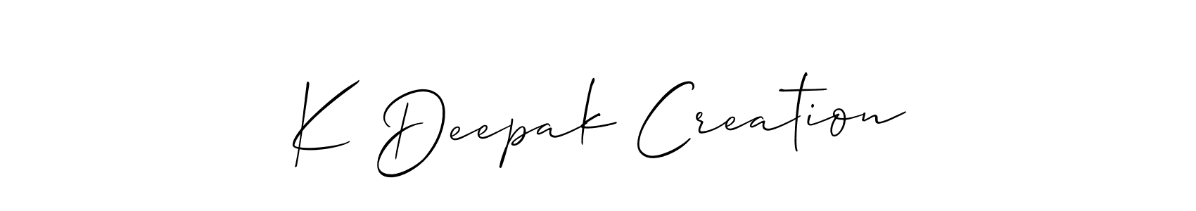 The best way (Allison_Script) to make a short signature is to pick only two or three words in your name. The name K Deepak Creation include a total of six letters. For converting this name. K Deepak Creation signature style 2 images and pictures png