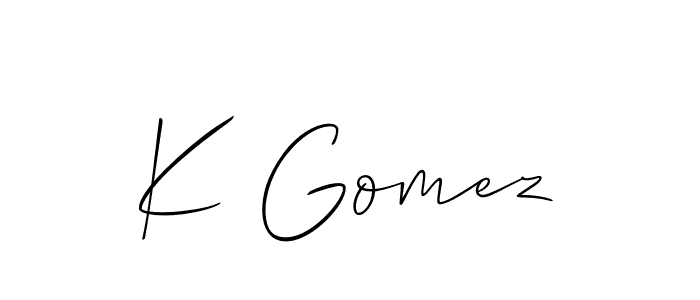 The best way (Allison_Script) to make a short signature is to pick only two or three words in your name. The name K Gomez include a total of six letters. For converting this name. K Gomez signature style 2 images and pictures png