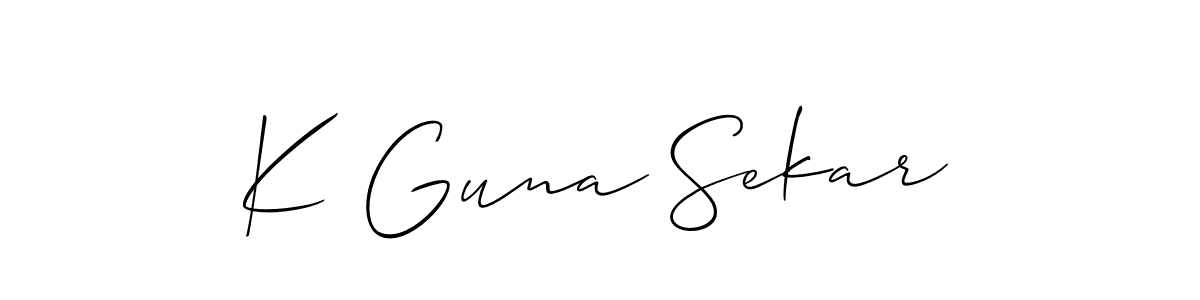 The best way (Allison_Script) to make a short signature is to pick only two or three words in your name. The name K Guna Sekar include a total of six letters. For converting this name. K Guna Sekar signature style 2 images and pictures png