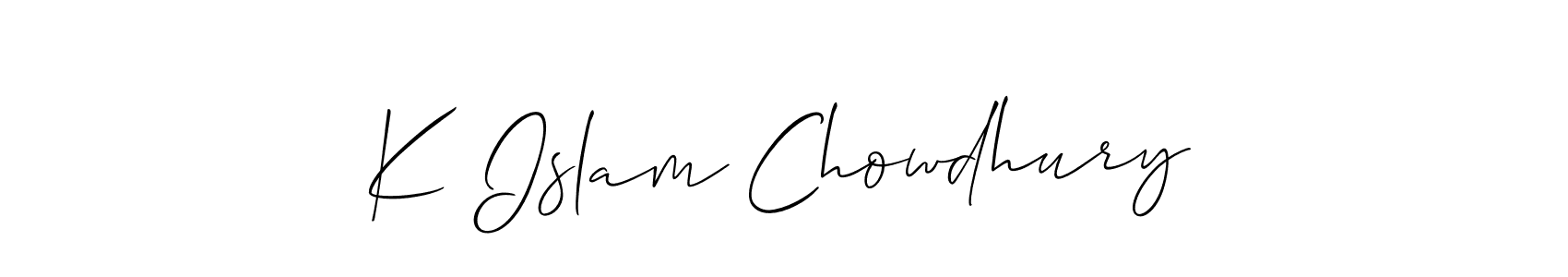 Use a signature maker to create a handwritten signature online. With this signature software, you can design (Allison_Script) your own signature for name K Islam Chowdhury. K Islam Chowdhury signature style 2 images and pictures png