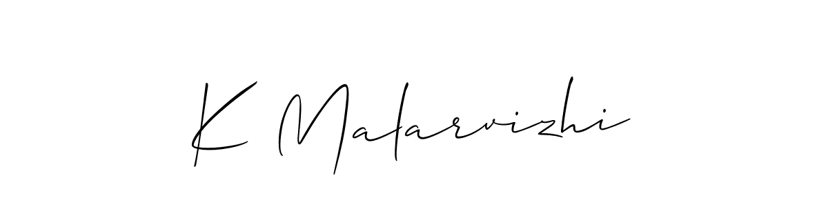 Also You can easily find your signature by using the search form. We will create K Malarvizhi name handwritten signature images for you free of cost using Allison_Script sign style. K Malarvizhi signature style 2 images and pictures png