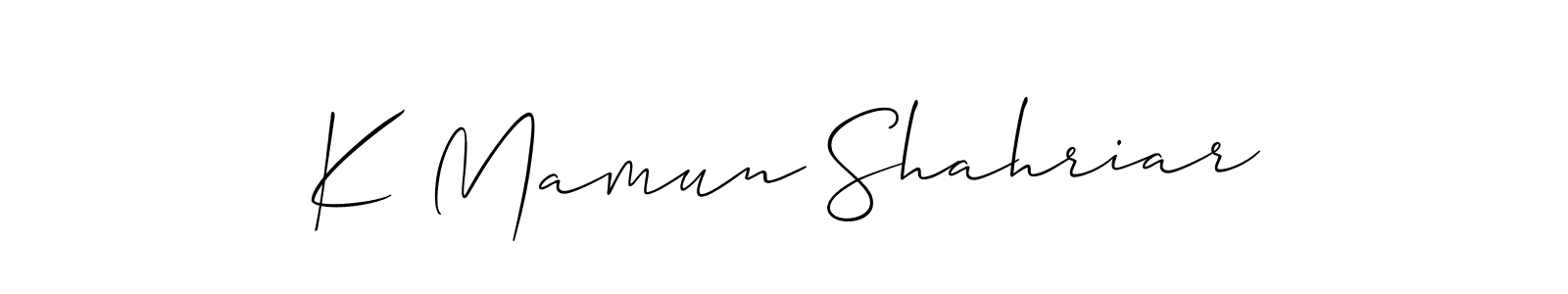if you are searching for the best signature style for your name K Mamun Shahriar. so please give up your signature search. here we have designed multiple signature styles  using Allison_Script. K Mamun Shahriar signature style 2 images and pictures png