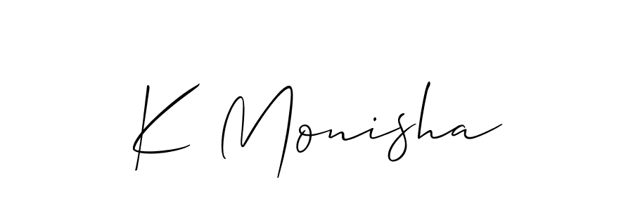 The best way (Allison_Script) to make a short signature is to pick only two or three words in your name. The name K Monisha include a total of six letters. For converting this name. K Monisha signature style 2 images and pictures png