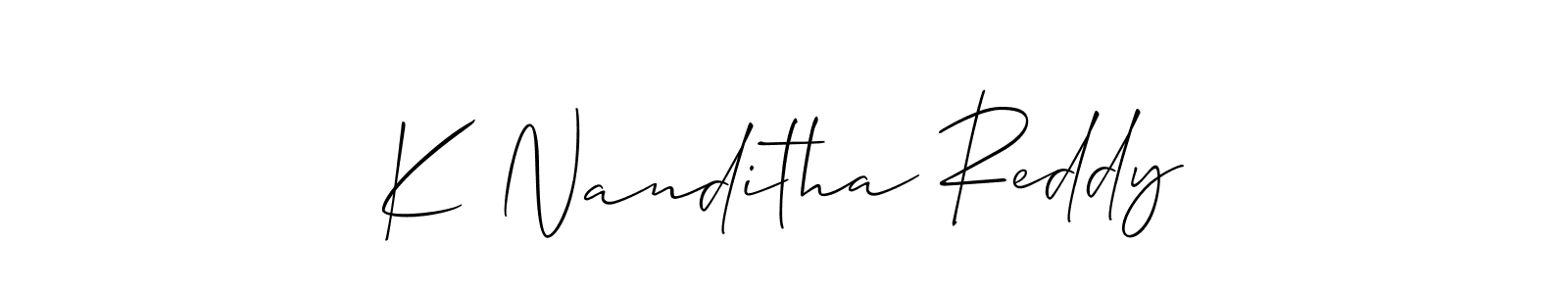if you are searching for the best signature style for your name K Nanditha Reddy. so please give up your signature search. here we have designed multiple signature styles  using Allison_Script. K Nanditha Reddy signature style 2 images and pictures png