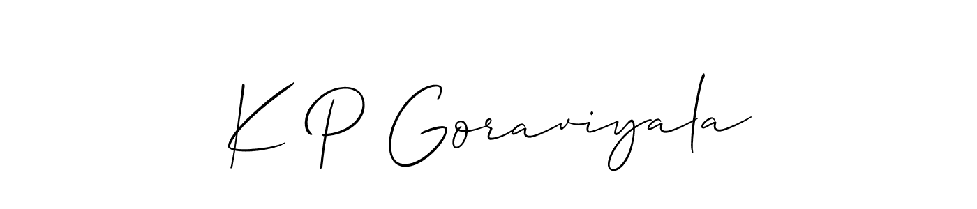 Make a short K P Goraviyala signature style. Manage your documents anywhere anytime using Allison_Script. Create and add eSignatures, submit forms, share and send files easily. K P Goraviyala signature style 2 images and pictures png