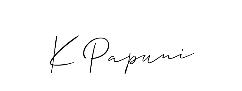 Make a short K Papuni signature style. Manage your documents anywhere anytime using Allison_Script. Create and add eSignatures, submit forms, share and send files easily. K Papuni signature style 2 images and pictures png