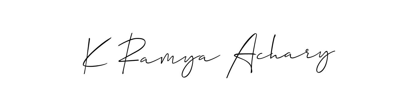 Make a short K Ramya Achary signature style. Manage your documents anywhere anytime using Allison_Script. Create and add eSignatures, submit forms, share and send files easily. K Ramya Achary signature style 2 images and pictures png