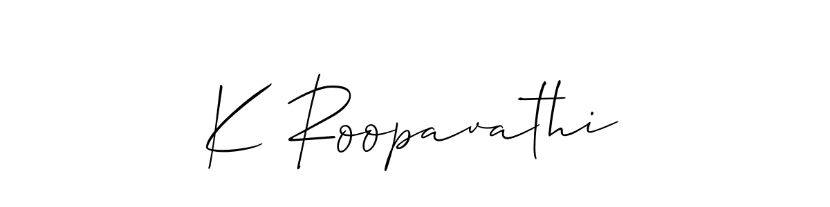 The best way (Allison_Script) to make a short signature is to pick only two or three words in your name. The name K Roopavathi include a total of six letters. For converting this name. K Roopavathi signature style 2 images and pictures png