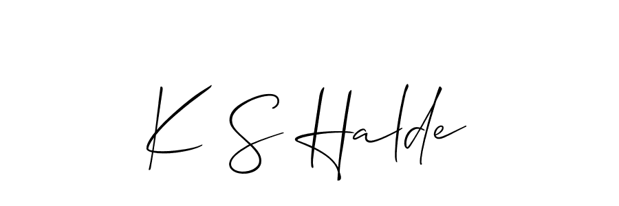 The best way (Allison_Script) to make a short signature is to pick only two or three words in your name. The name K S Halde include a total of six letters. For converting this name. K S Halde signature style 2 images and pictures png