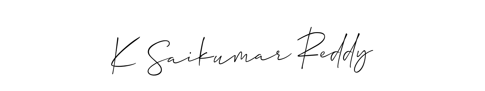 Make a short K Saikumar Reddy signature style. Manage your documents anywhere anytime using Allison_Script. Create and add eSignatures, submit forms, share and send files easily. K Saikumar Reddy signature style 2 images and pictures png