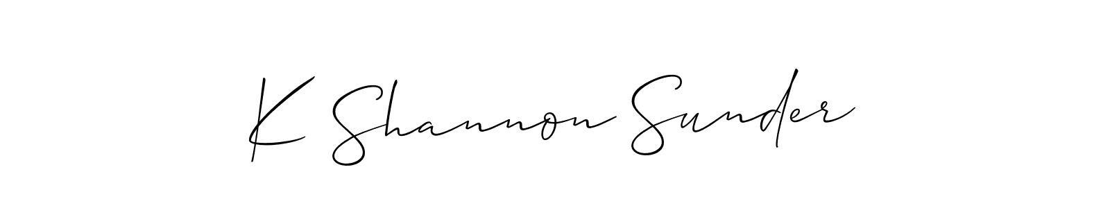 The best way (Allison_Script) to make a short signature is to pick only two or three words in your name. The name K Shannon Sunder include a total of six letters. For converting this name. K Shannon Sunder signature style 2 images and pictures png