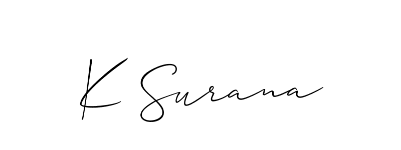 Make a short K Surana signature style. Manage your documents anywhere anytime using Allison_Script. Create and add eSignatures, submit forms, share and send files easily. K Surana signature style 2 images and pictures png