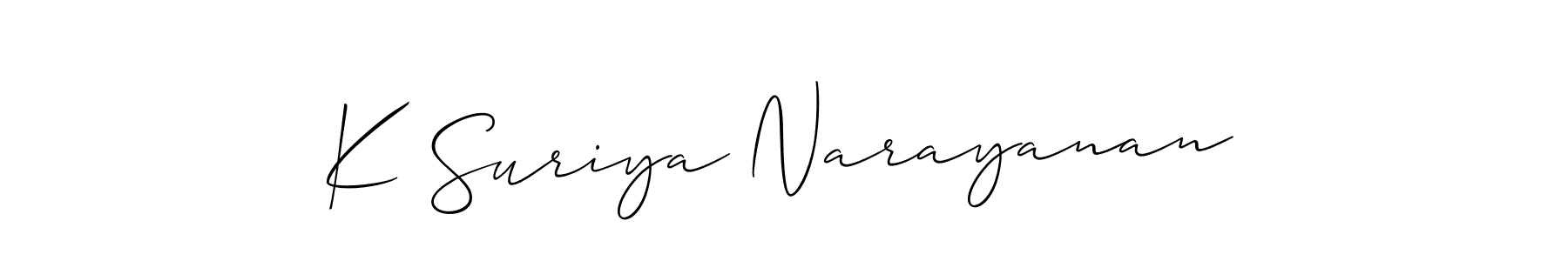 Allison_Script is a professional signature style that is perfect for those who want to add a touch of class to their signature. It is also a great choice for those who want to make their signature more unique. Get K Suriya Narayanan name to fancy signature for free. K Suriya Narayanan signature style 2 images and pictures png