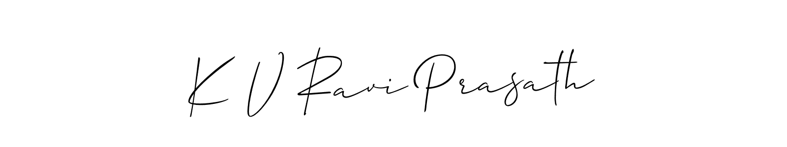 The best way (Allison_Script) to make a short signature is to pick only two or three words in your name. The name K V Ravi Prasath include a total of six letters. For converting this name. K V Ravi Prasath signature style 2 images and pictures png