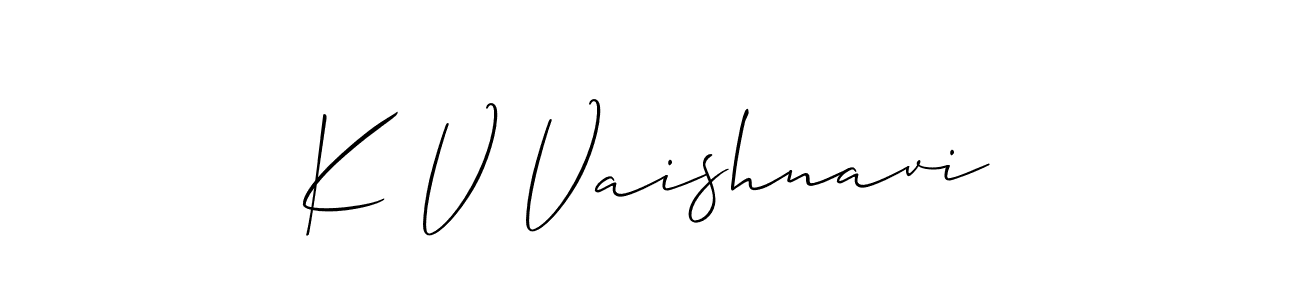 The best way (Allison_Script) to make a short signature is to pick only two or three words in your name. The name K V Vaishnavi include a total of six letters. For converting this name. K V Vaishnavi signature style 2 images and pictures png