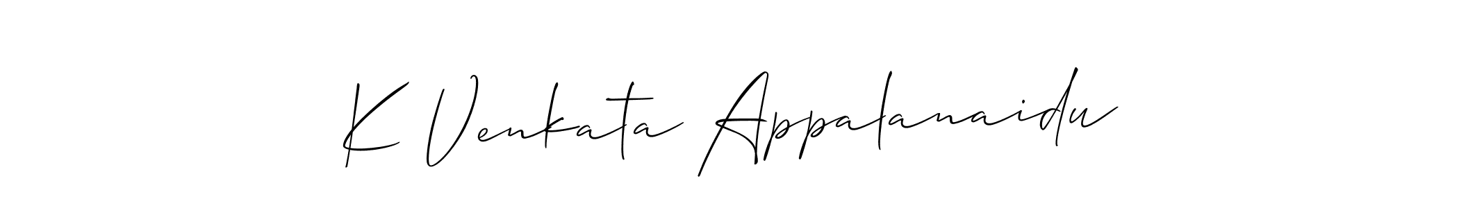 The best way (Allison_Script) to make a short signature is to pick only two or three words in your name. The name K Venkata Appalanaidu include a total of six letters. For converting this name. K Venkata Appalanaidu signature style 2 images and pictures png