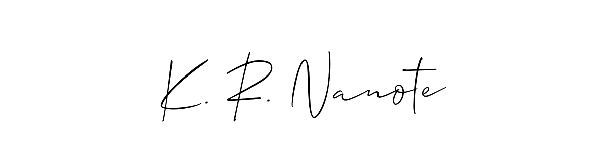The best way (Allison_Script) to make a short signature is to pick only two or three words in your name. The name K. R. Nanote include a total of six letters. For converting this name. K. R. Nanote signature style 2 images and pictures png