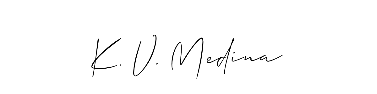 Also You can easily find your signature by using the search form. We will create K. V. Medina name handwritten signature images for you free of cost using Allison_Script sign style. K. V. Medina signature style 2 images and pictures png