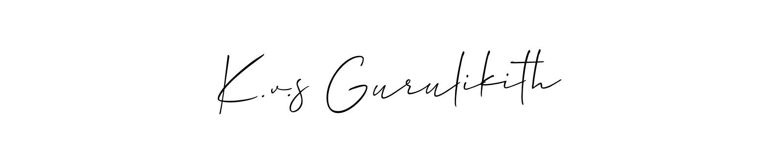 The best way (Allison_Script) to make a short signature is to pick only two or three words in your name. The name K.v.s Gurulikith include a total of six letters. For converting this name. K.v.s Gurulikith signature style 2 images and pictures png
