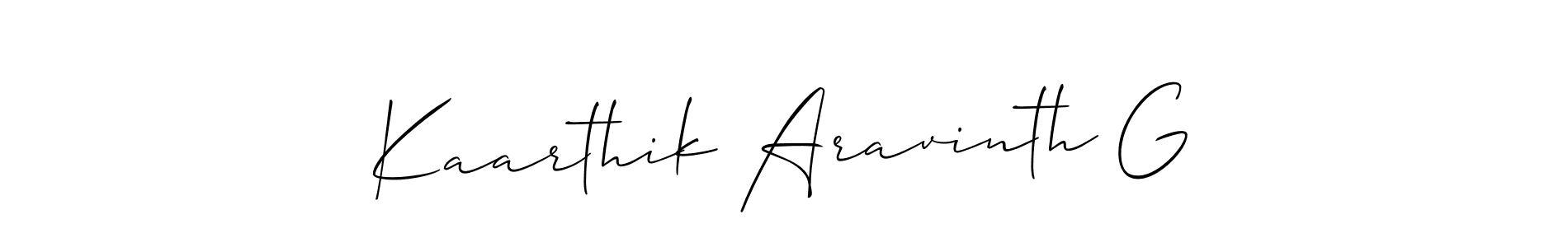 The best way (Allison_Script) to make a short signature is to pick only two or three words in your name. The name Kaarthik Aravinth G include a total of six letters. For converting this name. Kaarthik Aravinth G signature style 2 images and pictures png